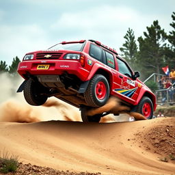 A dynamic red 2000 Chevy Grand Vitara, inspired by World Rally Championship (WRC) aesthetics, displaying its four-door configuration