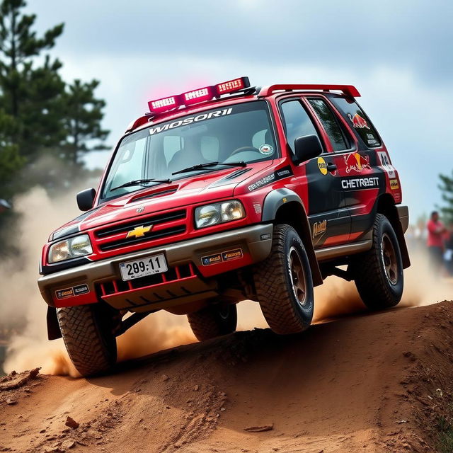 A dynamic red 2000 Chevy Grand Vitara, inspired by World Rally Championship (WRC) aesthetics, displaying its four-door configuration