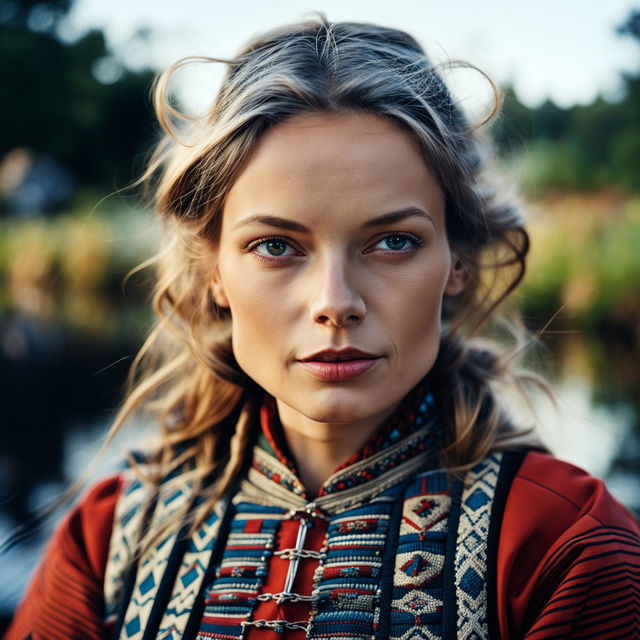 Close-up shot of a beautiful Estonian-European woman with blue eyes and golden hair, captured using a Phase One XF IQ4 150MP camera and a Phase One Macro 120mm f/4