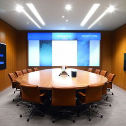 A professional briefing room with a large wooden table centered, surrounded by leather chairs. A large screen for presentations is on the wall at the front, and various communication tools are available.