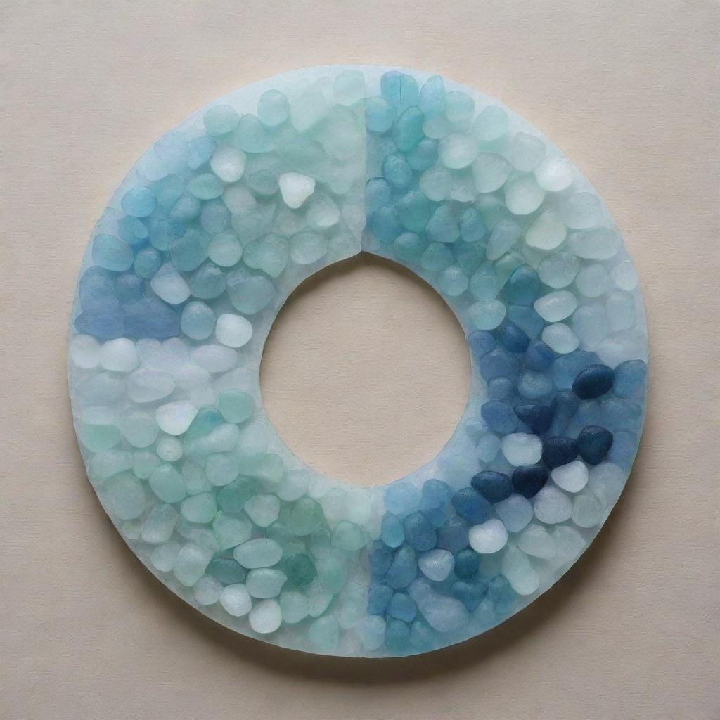 Create a detailed yin and yang symbol artwork, skillfully constructed using contrasting shades of sea glass pieces.