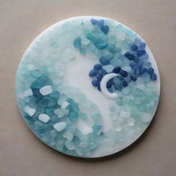 Create a detailed yin and yang symbol artwork, skillfully constructed using contrasting shades of sea glass pieces.