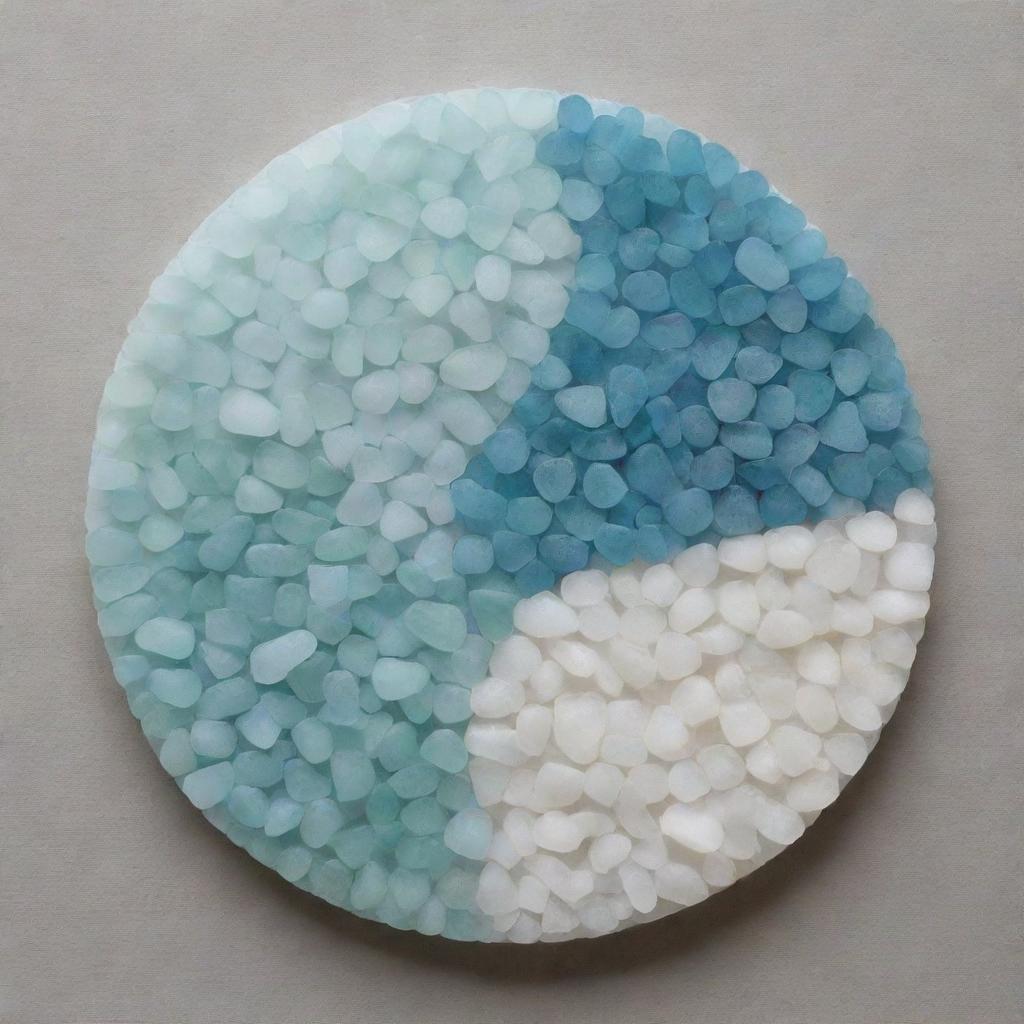 Create a detailed yin and yang symbol artwork, skillfully constructed using contrasting shades of sea glass pieces.