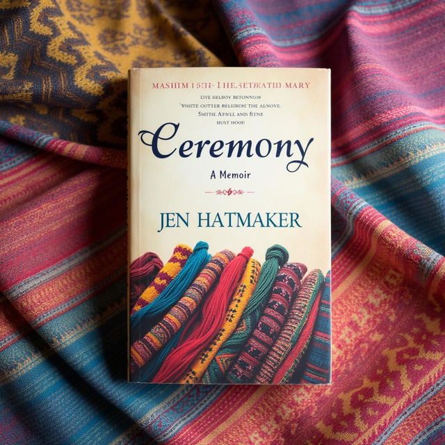 A stunning book cover design for "Ceremony: A Memoir" by Jen Hatmaker, prominently featuring beautifully woven rebozos in a variety of vibrant colors and intricate patterns