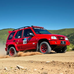 A stunning red 2000 Chevy Grand Vitara in a dynamic WRC (World Rally Championship) inspired setting
