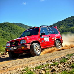 A stunning red 2000 Chevy Grand Vitara in a dynamic WRC (World Rally Championship) inspired setting