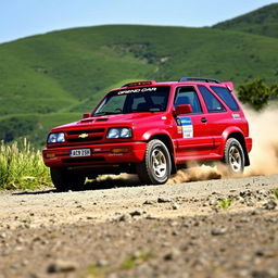 A stunning red 2000 Chevy Grand Vitara in a dynamic WRC (World Rally Championship) inspired setting