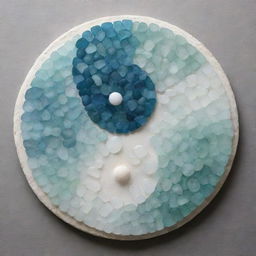 Create a detailed yin and yang symbol artwork, skillfully constructed using contrasting shades of sea glass pieces.