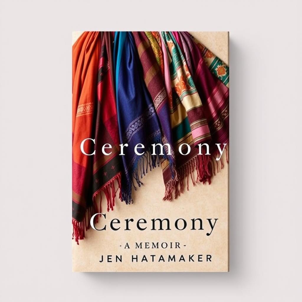 An elegant book cover for "Ceremony: A Memoir" by Jen Hatmaker, featuring a beautifully arranged display of woven rebozos in a variety of striking colors and intricate patterns