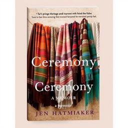 An elegant book cover for "Ceremony: A Memoir" by Jen Hatmaker, featuring a beautifully arranged display of woven rebozos in a variety of striking colors and intricate patterns