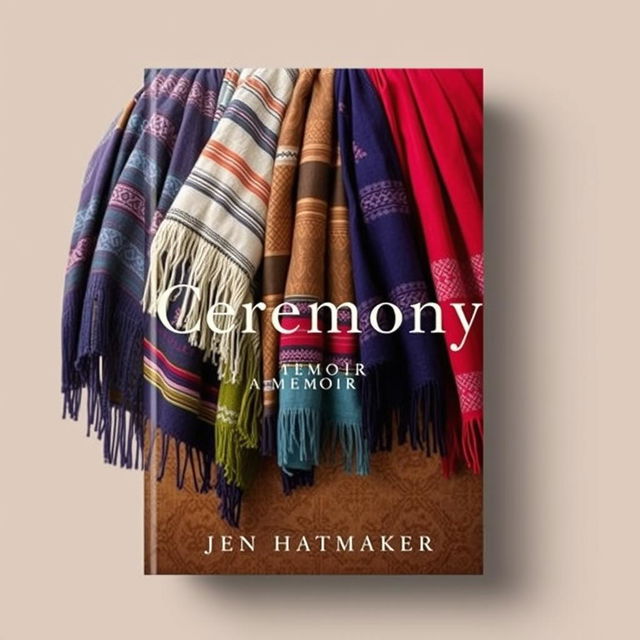 An elegant book cover for "Ceremony: A Memoir" by Jen Hatmaker, featuring a beautifully arranged display of woven rebozos in a variety of striking colors and intricate patterns