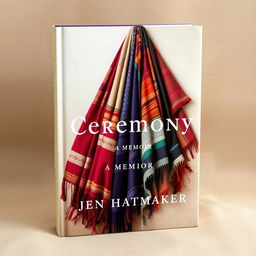 An elegant book cover for "Ceremony: A Memoir" by Jen Hatmaker, featuring a beautifully arranged display of woven rebozos in a variety of striking colors and intricate patterns
