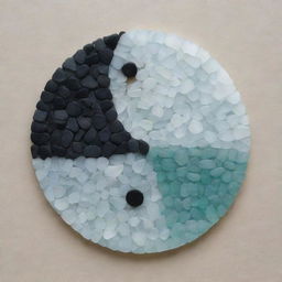 Create a detailed yin and yang symbol artwork, skillfully constructed using contrasting shades of sea glass pieces.