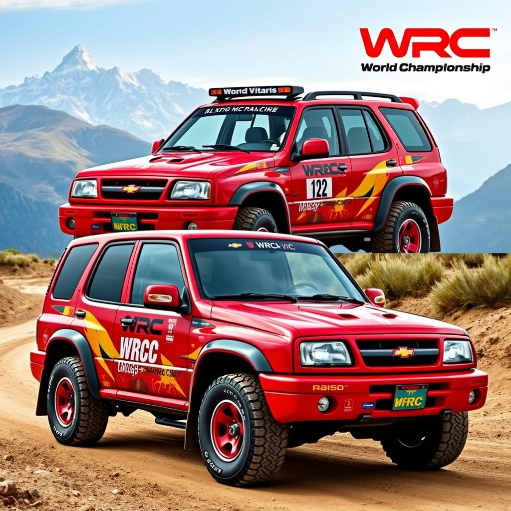 A vibrant red 2000 Chevy Grand Vitara, designed with a WRC (World Rally Championship) inspired aesthetic