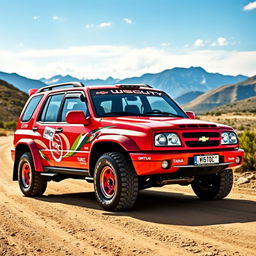 A vibrant red 2000 Chevy Grand Vitara, designed with a WRC (World Rally Championship) inspired aesthetic