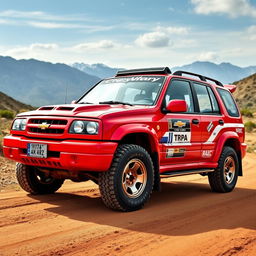 A vibrant red 2000 Chevy Grand Vitara, designed with a WRC (World Rally Championship) inspired aesthetic