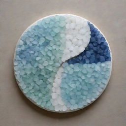 Create a detailed yin and yang symbol artwork, skillfully constructed using contrasting shades of sea glass pieces.