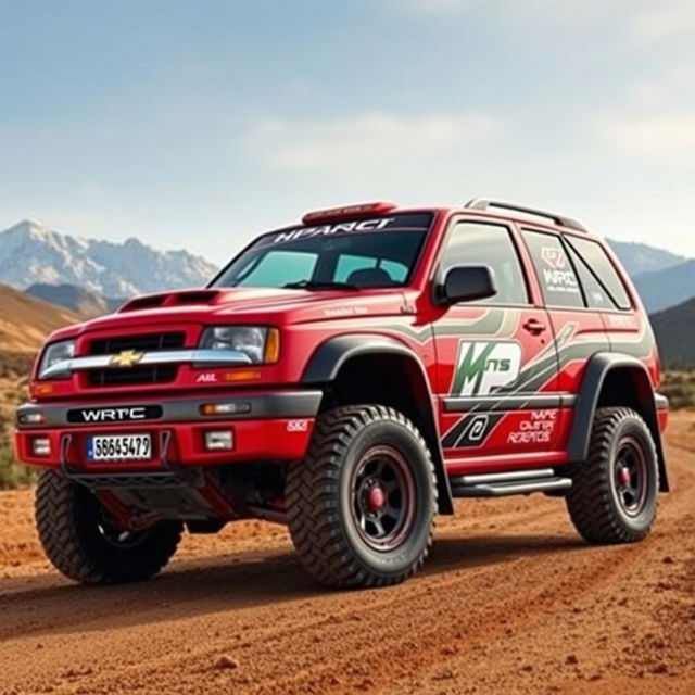 A vibrant red 2000 Chevy Grand Vitara, designed with a WRC (World Rally Championship) inspired aesthetic