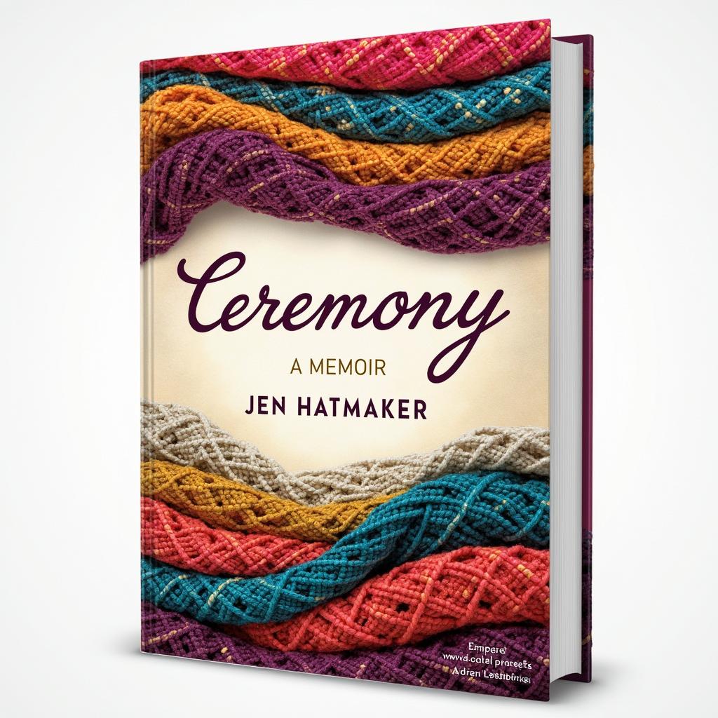 An artistic book cover design for "Ceremony: A Memoir" by Jen Hatmaker, showcasing an array of woven rebozos in rich, diverse colors and intricate patterns