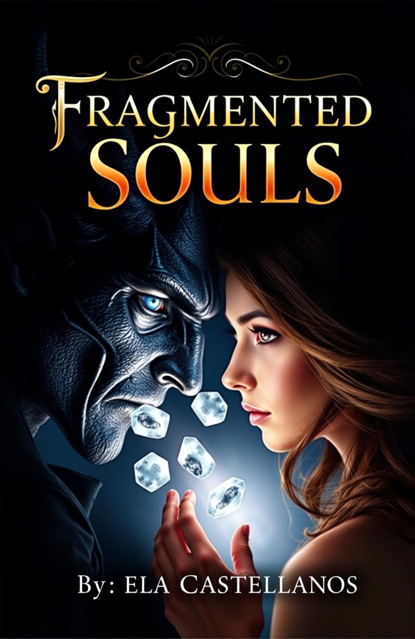 A captivating book cover featuring a half demonic, half human man representing evil darkness, with striking blue eyes, facing a woman of light who has flowing brown hair and almond-shaped, warm-colored eyes