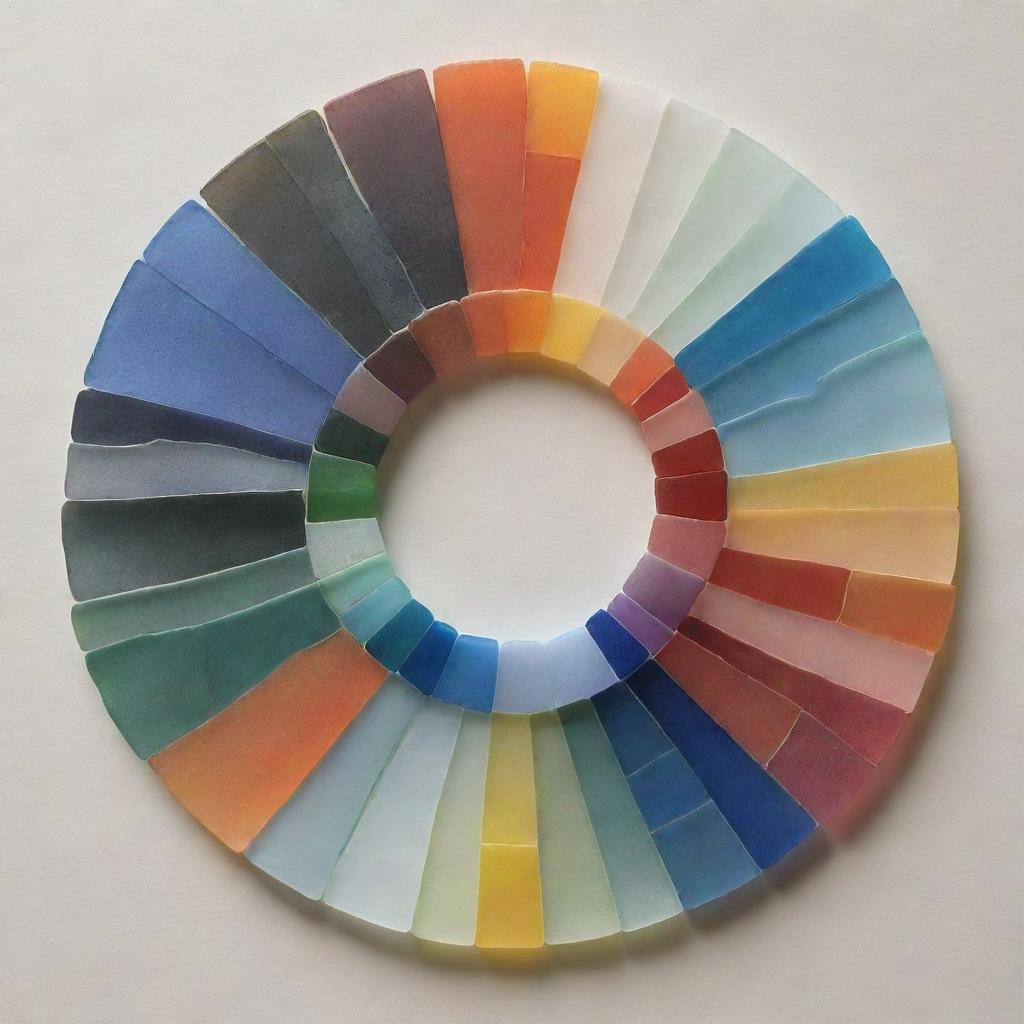 Create a detailed artwork of a color wheel, elegantly crafted from multicolored sea glass pieces, organized in a spectrum to illustrate color relationships