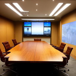 A professional briefing room with a large wooden table centered, surrounded by leather chairs. A large screen for presentations is on the wall at the front, and various communication tools are available.