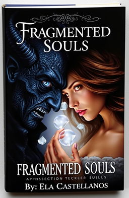 A captivating book cover featuring a half demonic, half human man representing evil darkness, with striking blue eyes, facing a woman of light who has flowing brown hair and almond-shaped, warm-colored eyes