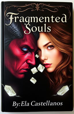 A captivating book cover featuring a half demonic, half human man representing evil darkness, with striking blue eyes, facing a woman of light who has flowing brown hair and almond-shaped, warm-colored eyes