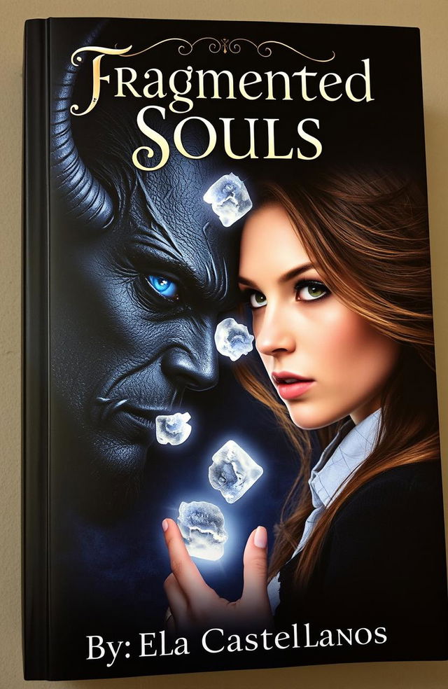 A captivating book cover featuring a half demonic, half human man representing evil darkness, with striking blue eyes, facing a woman of light who has flowing brown hair and almond-shaped, warm-colored eyes