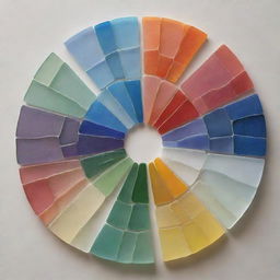 Create a detailed artwork of a color wheel, elegantly crafted from multicolored sea glass pieces, organized in a spectrum to illustrate color relationships