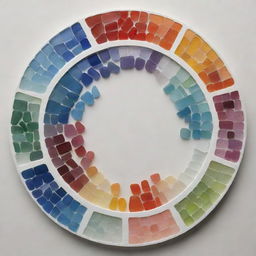 Create a detailed artwork of a color wheel, elegantly crafted from multicolored sea glass pieces, organized in a spectrum to illustrate color relationships