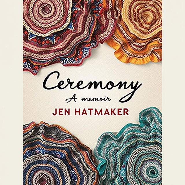 A striking book cover for "Ceremony: A Memoir" by Jen Hatmaker, featuring an artistic arrangement of beautifully woven rebozos in rich, diverse colors and intricate patterns