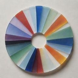 Create a detailed artwork of a color wheel, elegantly crafted from multicolored sea glass pieces, organized in a spectrum to illustrate color relationships