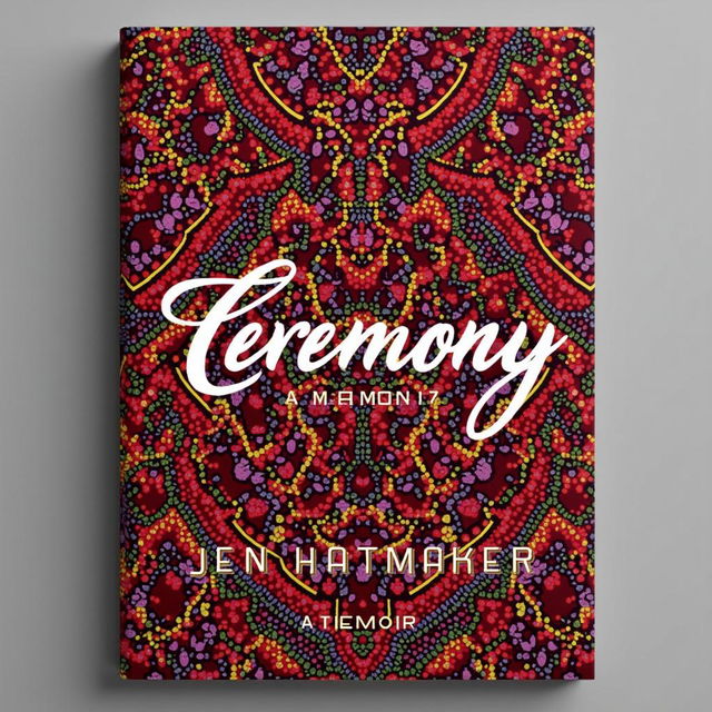 A visually striking book cover design for "Ceremony: A Memoir" by Jen Hatmaker, featuring a rich rebozo background that showcases the intricate patterns and vibrant colors of the fabric