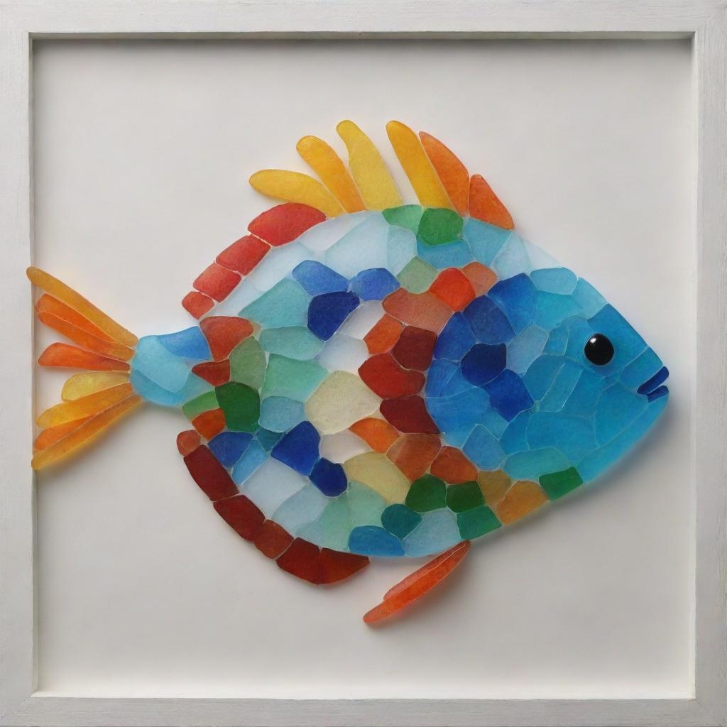 Construct an exquisite piece of artwork representing a vibrantly colored fish, skillfully composed of various colored sea glass pieces