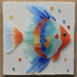 Construct an exquisite piece of artwork representing a vibrantly colored fish, skillfully composed of various colored sea glass pieces