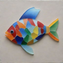 Construct an exquisite piece of artwork representing a vibrantly colored fish, skillfully composed of various colored sea glass pieces