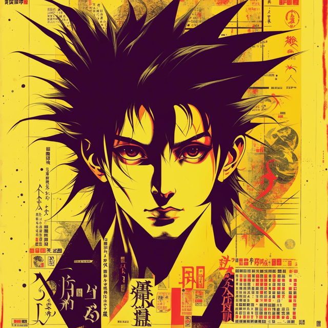 A Japanese retro pulp poster featuring a Final Fantasy style face with expressive eyes and spiky hair against a background filled with kanji text and old manga panels