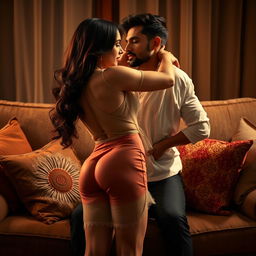 A sensual Pakistani girl portrayed as Nushrat Bharucha, wearing a short skirt and removing her sheer, transparent shirt
