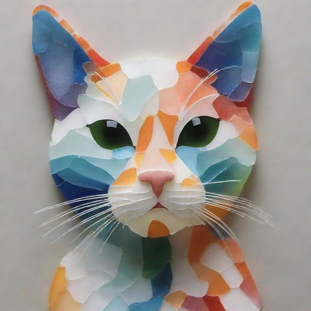 Create a detailed, artistic representation of a cat, skillfully designed using multicolored sea glass pieces for a textural and vibrant visual effect