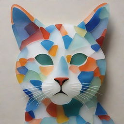 Create a detailed, artistic representation of a cat, skillfully designed using multicolored sea glass pieces for a textural and vibrant visual effect