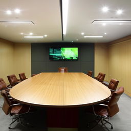 A professional briefing room with a large wooden table centered, surrounded by leather chairs. A large screen for presentations is on the wall at the front, and various communication tools are available.