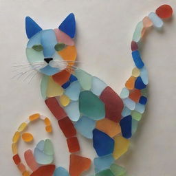 Create a detailed, artistic representation of a cat, skillfully designed using multicolored sea glass pieces for a textural and vibrant visual effect