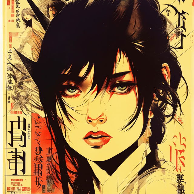 A Japanese retro pulp poster featuring a Final Fantasy style woman's face with expressive eyes and long hair against a background filled with kanji text and old manga panels