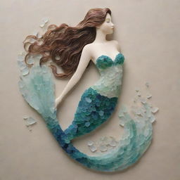 Create a detailed artwork depicting a graceful mermaid, intricately designed using diverse sea glass pieces in a variety of colors and opacities