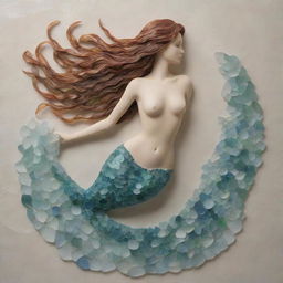 Create a detailed artwork depicting a graceful mermaid, intricately designed using diverse sea glass pieces in a variety of colors and opacities