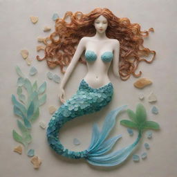 Create a detailed artwork depicting a graceful mermaid, intricately designed using diverse sea glass pieces in a variety of colors and opacities