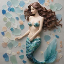 Create a detailed artwork depicting a graceful mermaid, intricately designed using diverse sea glass pieces in a variety of colors and opacities