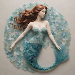 Create a detailed artwork depicting a graceful mermaid, intricately designed using diverse sea glass pieces in a variety of colors and opacities