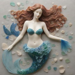 Create a detailed artwork depicting a graceful mermaid, intricately designed using diverse sea glass pieces in a variety of colors and opacities